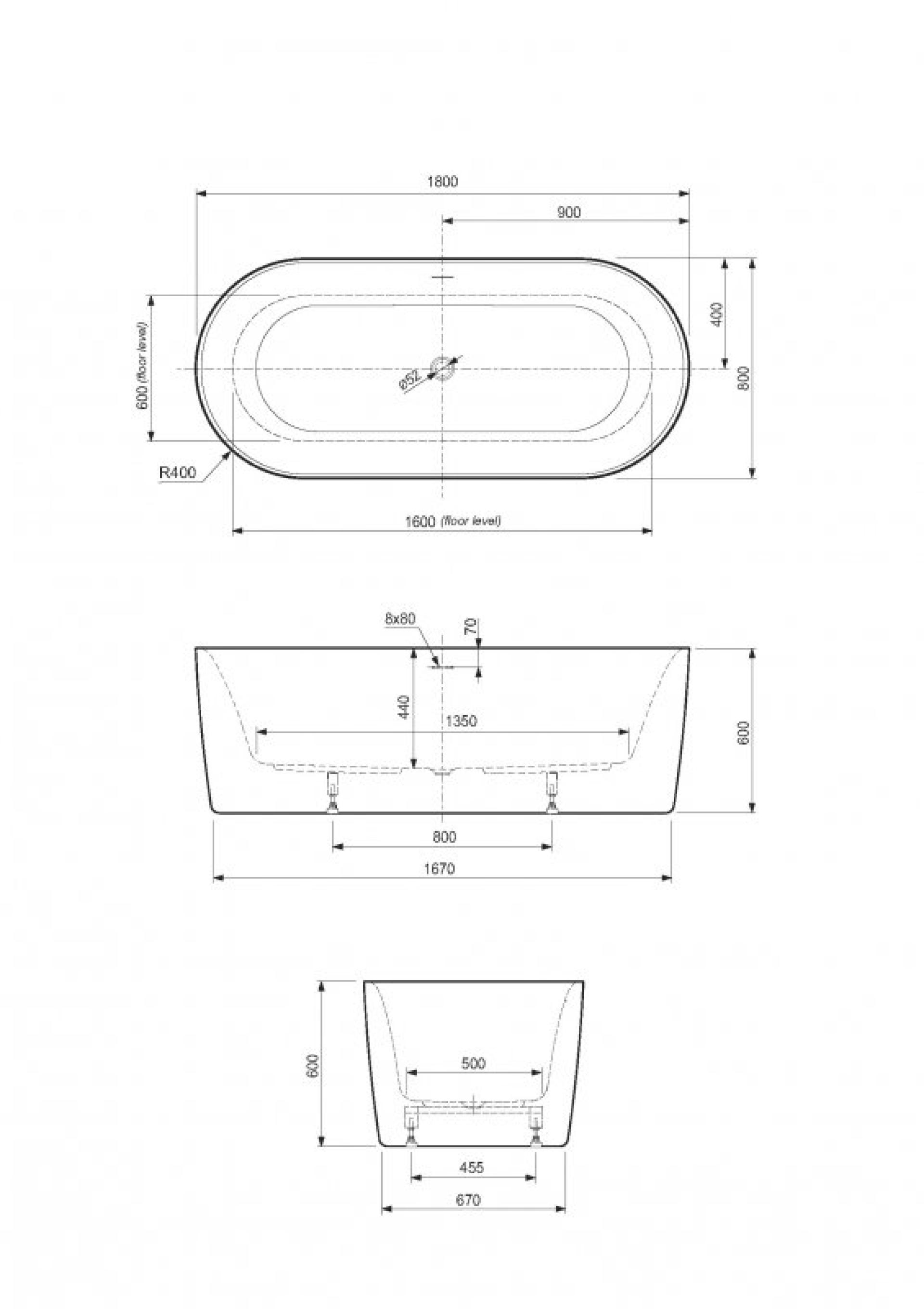 Акриловая ванна Cezares METAURO-INT-Central-180-80-60-W-MATT 180x80 см, белый