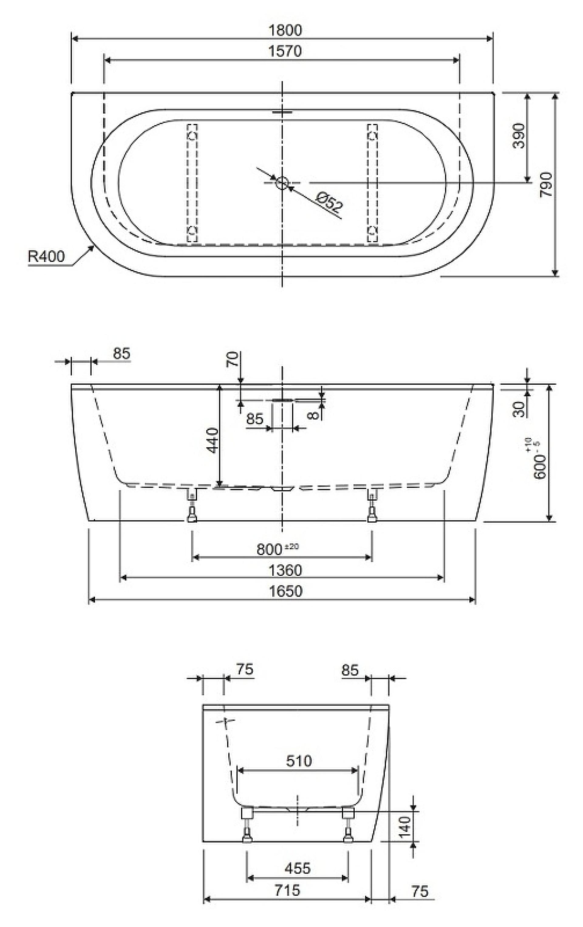 Акриловая ванна Cezares SLIM WALL-180-80-60-W37-SET 180x80 см, белый