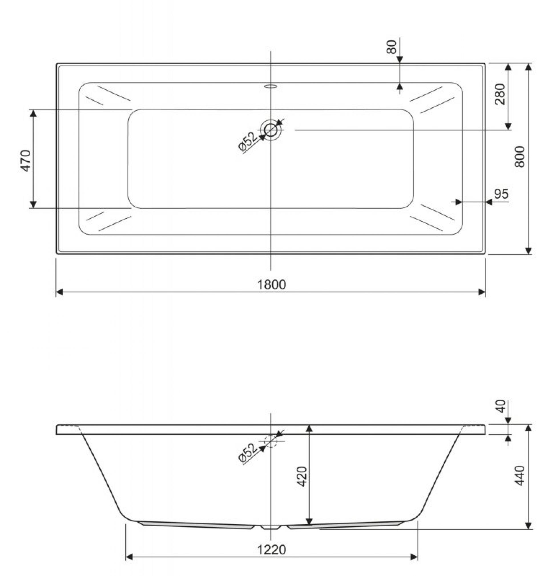 Акриловая ванна 180х80 см Cezares PLANE MINI-180-80-42-W37