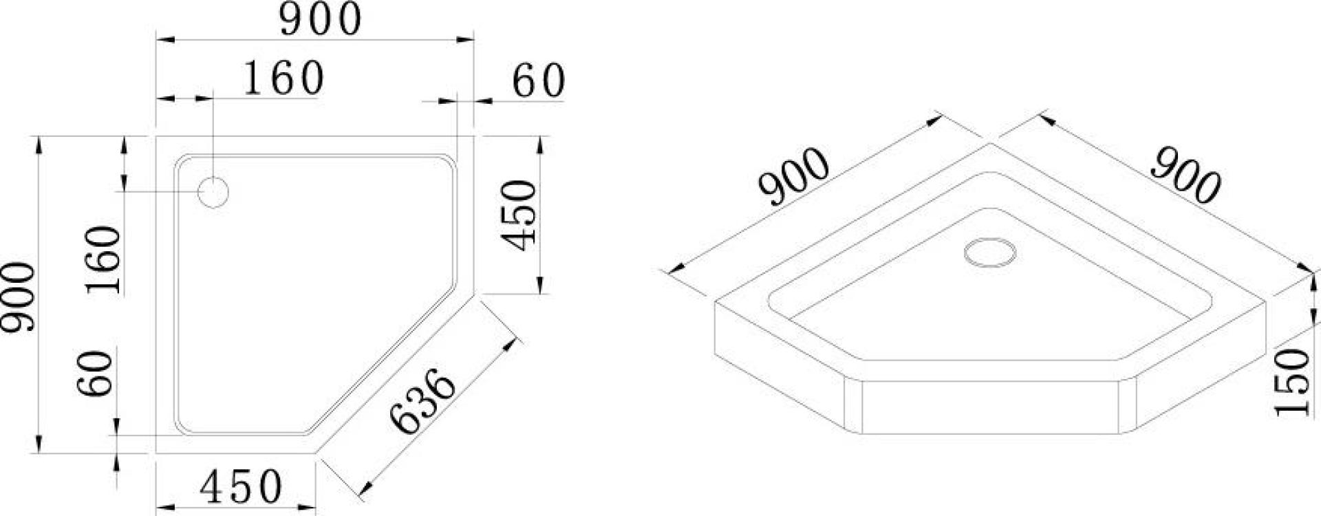 Поддон для душа Cezares Tray 90 см пятиугольный акриловый TRAY-A-P-90-15-W0