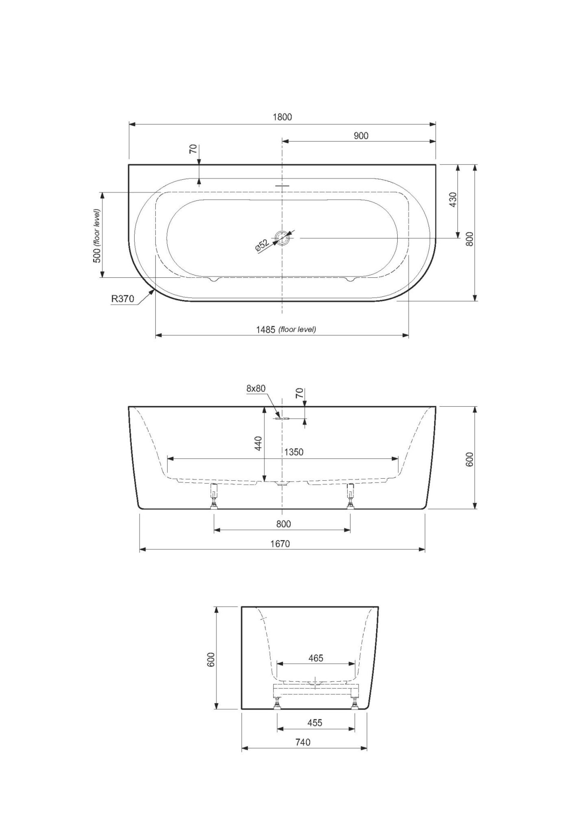 Акриловая ванна Cezares Metauro 180х80 METAURO-INT-Wall-180-80-60-B-W-MATT черный матовый