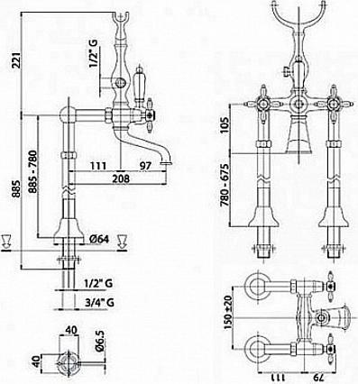 Смеситель для ванны и душа Cezares ATLANTIS-NOSTALGIA-VDPS2-03/24, золото