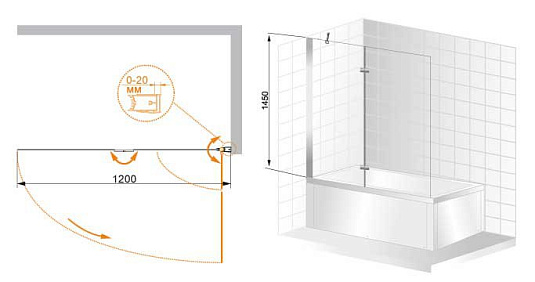 Шторка на ванну Cezares VERONA-W-V-21-120-P-Cr-R стекло punto