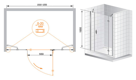 Душевая дверь в нишу Cezares Bergamo B13 100 60/30 C Cr R