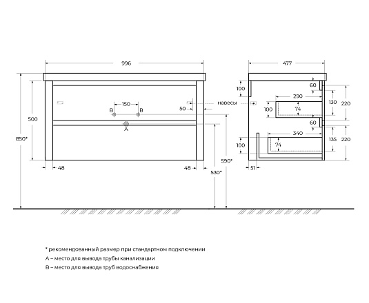 Тумба под раковину Cezares Relax 99.6 RELAX-1000-2C-SO-GM оружейная сталь