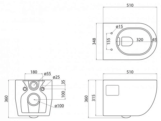 Подвесной унитаз Cezares Eco, безободковый, белый, CZR-526-TH-R