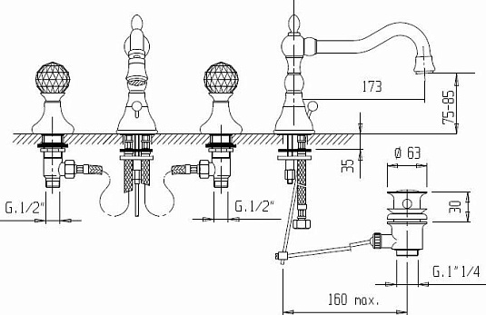 Смеситель для раковины Cezares ATLANTIS-NOSTALGIA-BLS2-A-02, бронза