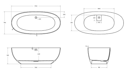 Ванна из искусственного камня Cezares Stream 170х78 CZR-STREAM-170-78-56-SSB, белый матовый