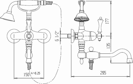 Смеситель для ванны и душа Cezares MARGOT-VDFM2-03/24-M, золото