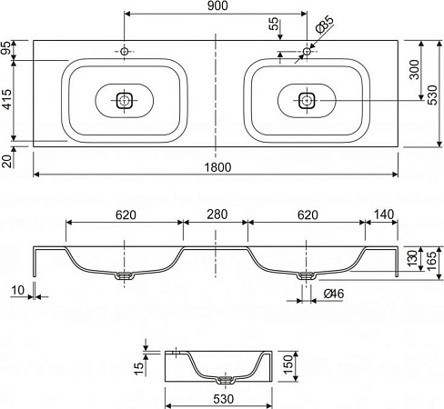Мебельная раковина 180 см Cezares TITAN-1800-LVB